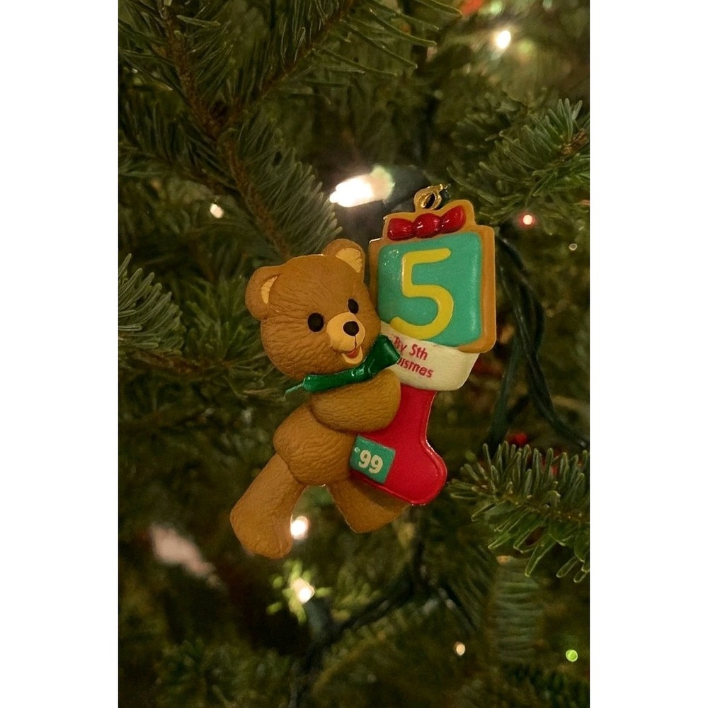 New 1999 Hallmark Keepsake Ornament Child's Fifth Christmas Teddy Bear Stocking